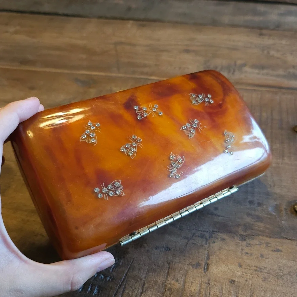 Vintage Ilene New York Faux Tortoise Shell Bee Rhinestone Lucite Clutch Bag 1950